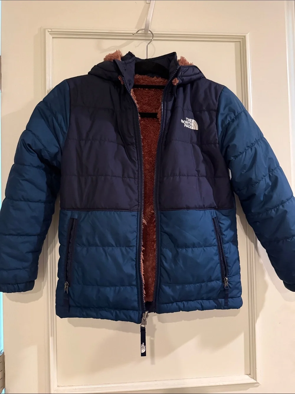 The North Face Boys Two-Tone Navy and Blue Puffer Jacket with Brown Sherpa- M